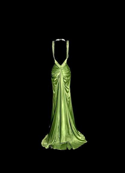 Backless Green Satin Long Prom Dress Beaded Evening Party Dress J8929