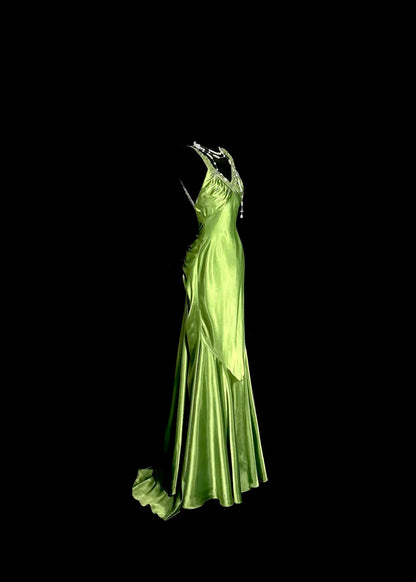Backless Green Satin Long Prom Dress Beaded Evening Party Dress J8929