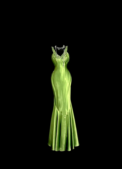 Backless Green Satin Long Prom Dress Beaded Evening Party Dress J8929