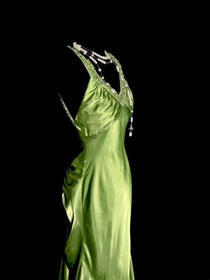 Backless Green Satin Long Prom Dress Beaded Evening Party Dress J8929