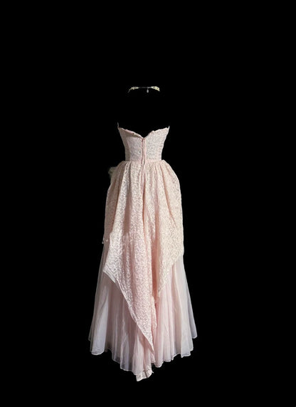 Strapless A Line Pink Long Prom Dress Lace Evening Dress Birthday Dress J8939