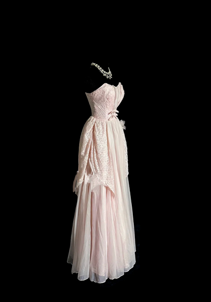 Strapless A Line Pink Long Prom Dress Lace Evening Dress Birthday Dress J8939