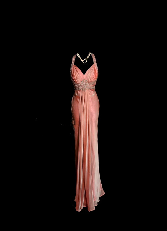Rosa Etuikleid, lang, mit Seitenschlitz, Satin, formelles Kleid J8820