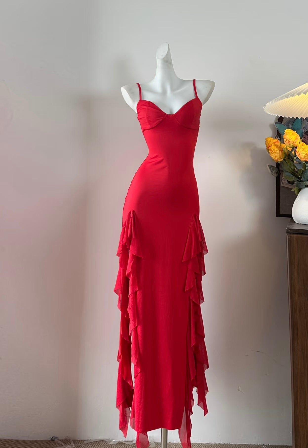 Rosa Etuikleid, lang, mit Seitenschlitz, Satin, formelles Kleid J8820