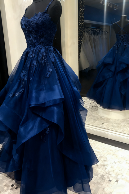 Spaghetti Straps Burgundy Applique Ruffle Tulle Prom Dress  J8957