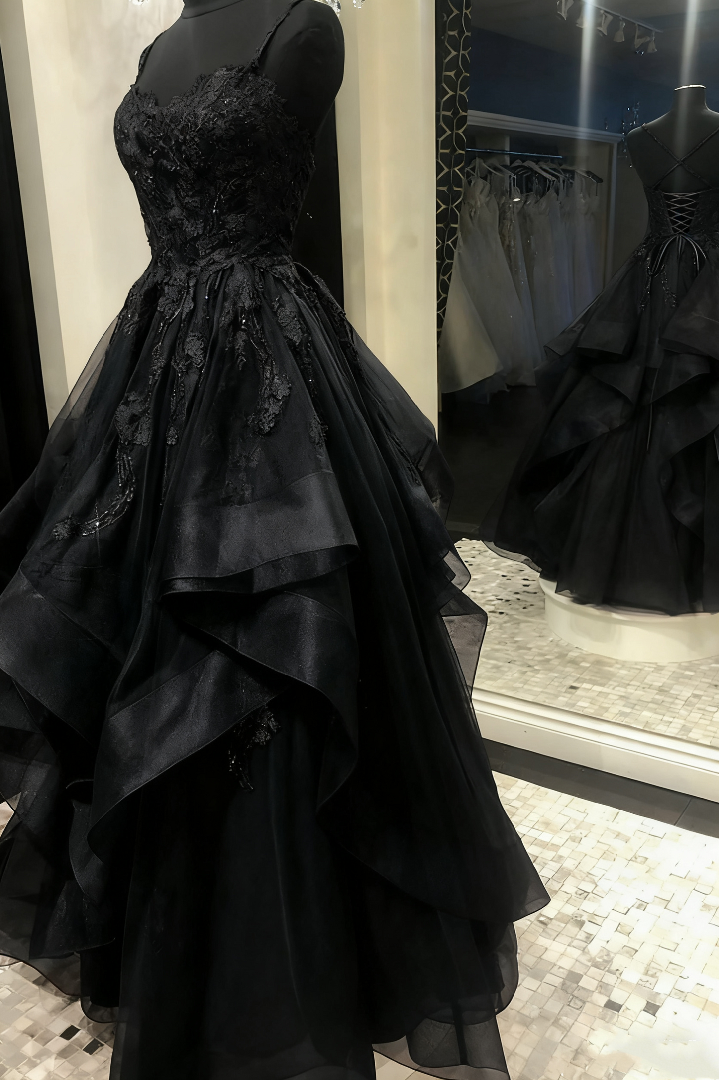 Spaghetti Straps Burgundy Applique Ruffle Tulle Prom Dress  J8957