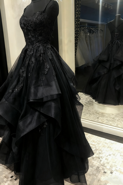 Spaghetti Straps Burgundy Applique Ruffle Tulle Prom Dress  J8957