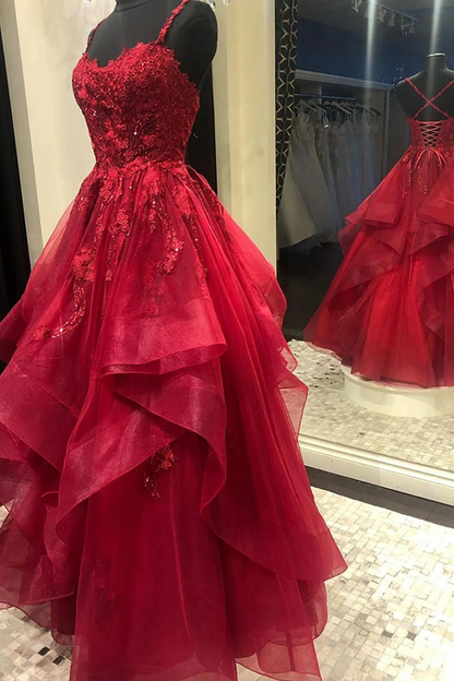 Spaghetti Straps Burgundy Applique Ruffle Tulle Prom Dress  J8957