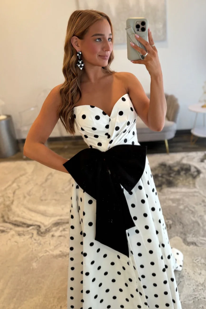 Elegant Sweetheart Polka Dots A-Line Prom Dress with Bow J8960