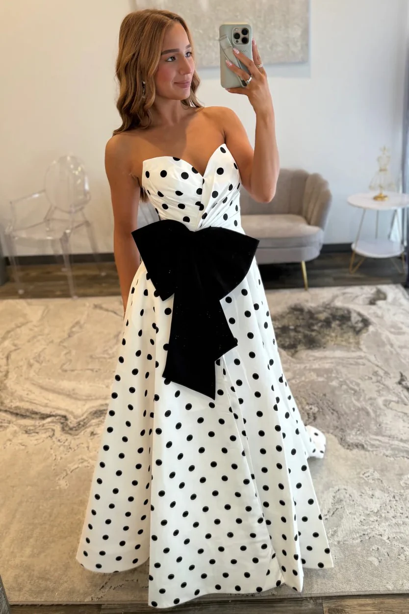 Elegant Sweetheart Polka Dots A-Line Prom Dress with Bow J8960