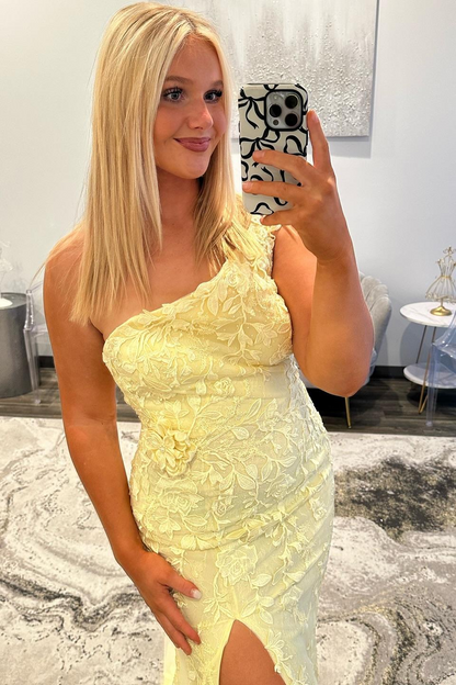 One Shoulder Yellow Applique Mermaid Prom Dress J8965