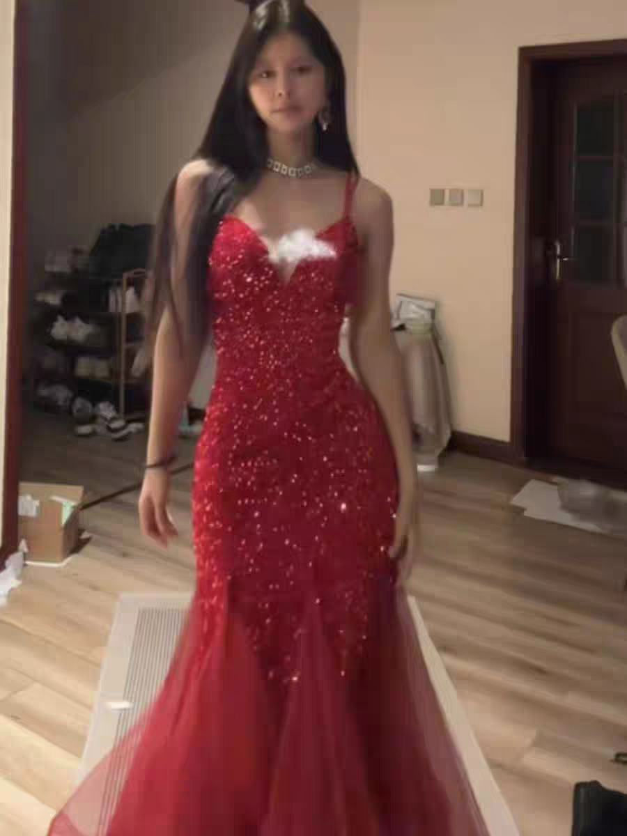 Red Sequin Evening Dress Sparkling Formal Prom Dress J8970