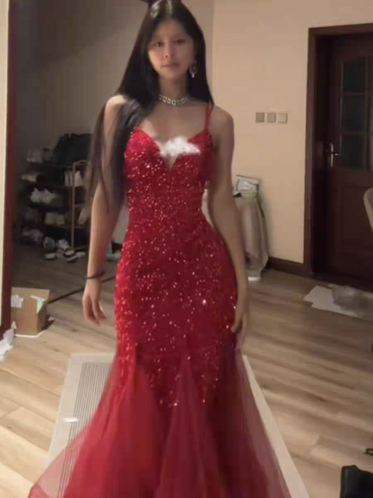 Red Sequin Evening Dress Sparkling Formal Prom Dress J8970