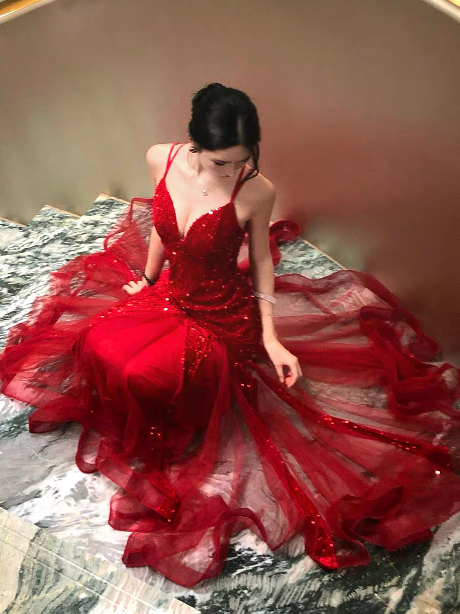 Red Sequin Evening Dress Sparkling Formal Prom Dress J8970
