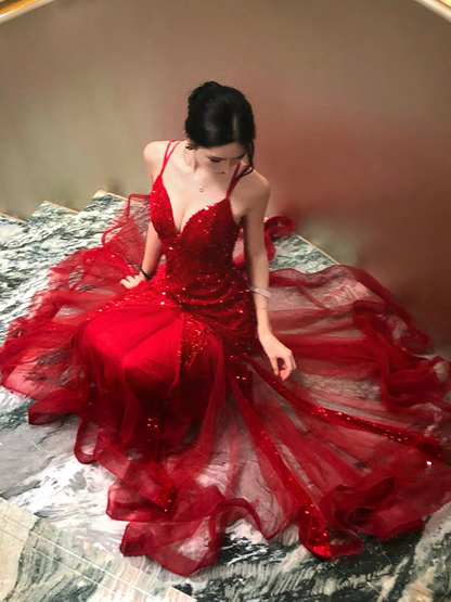 Red Sequin Evening Dress Sparkling Formal Prom Dress J8970