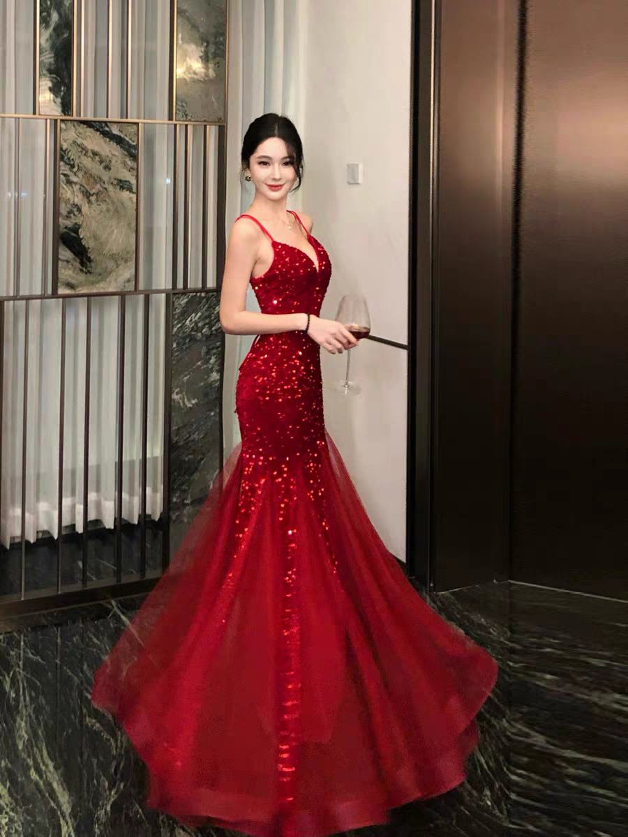 Red Sequin Evening Dress Sparkling Formal Prom Dress J8970