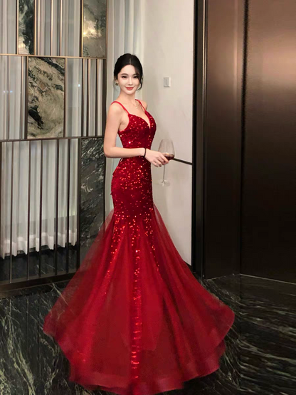 Red Sequin Evening Dress Sparkling Formal Prom Dress J8970