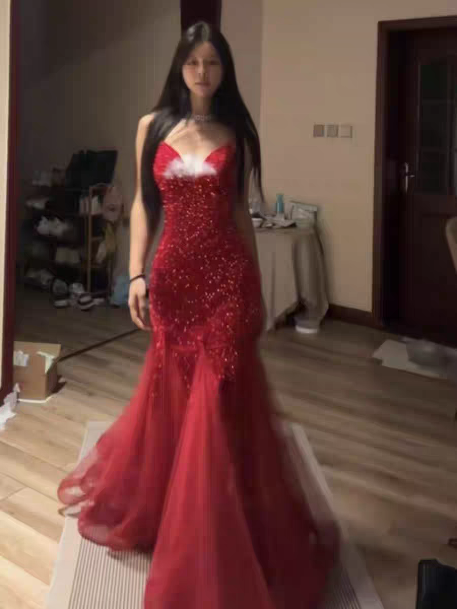 Red Sequin Evening Dress Sparkling Formal Prom Dress J8970