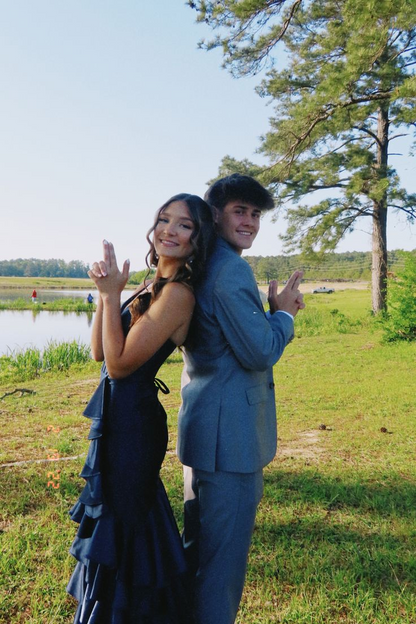 V Neck Navy Blue Layered Long Prom Dress Formal Graduation Party Dress J8975