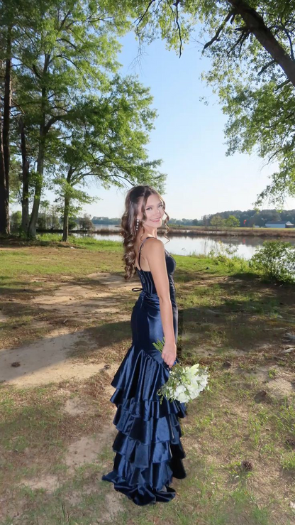 V Neck Navy Blue Layered Long Prom Dress Formal Graduation Party Dress J8975