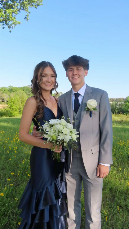 V Neck Navy Blue Layered Long Prom Dress Formal Graduation Party Dress J8975