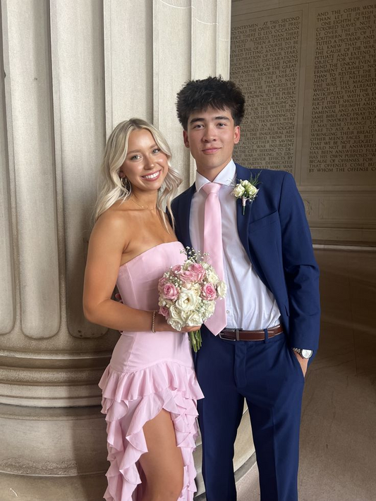 Rosa Etuikleid, lang, mit Seitenschlitz, Satin, formelles Kleid J8820