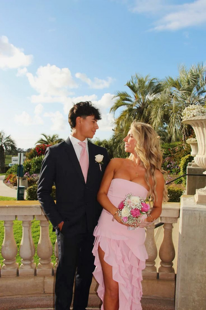 Strapless Pink Ruffle Prom Dress With Slit Formal Evening Party Dress J8984