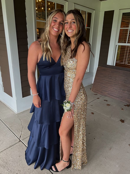 Rosa Etuikleid, lang, mit Seitenschlitz, Satin, formelles Kleid J8820