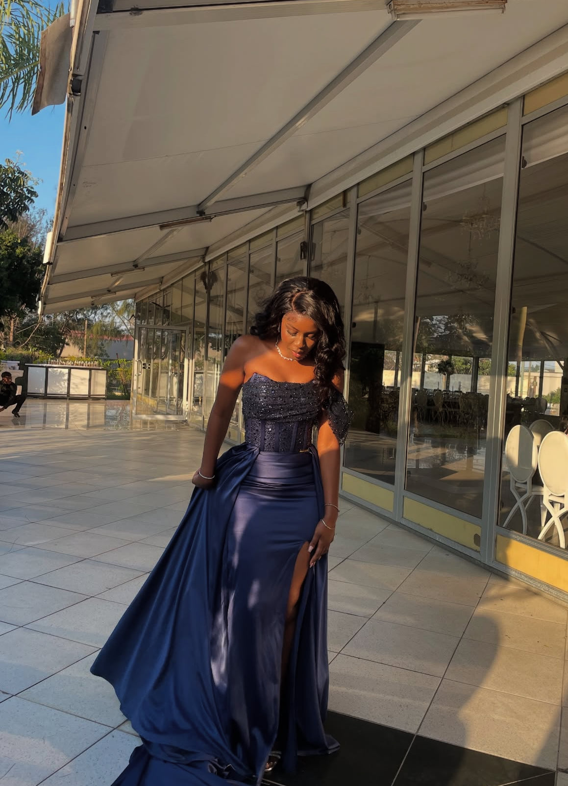 Off The Shoulder Navy Blue Satin Prom Dress Sequin Evening Dress J8992