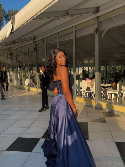 Off The Shoulder Navy Blue Satin Prom Dress Sequin Evening Dress J8992