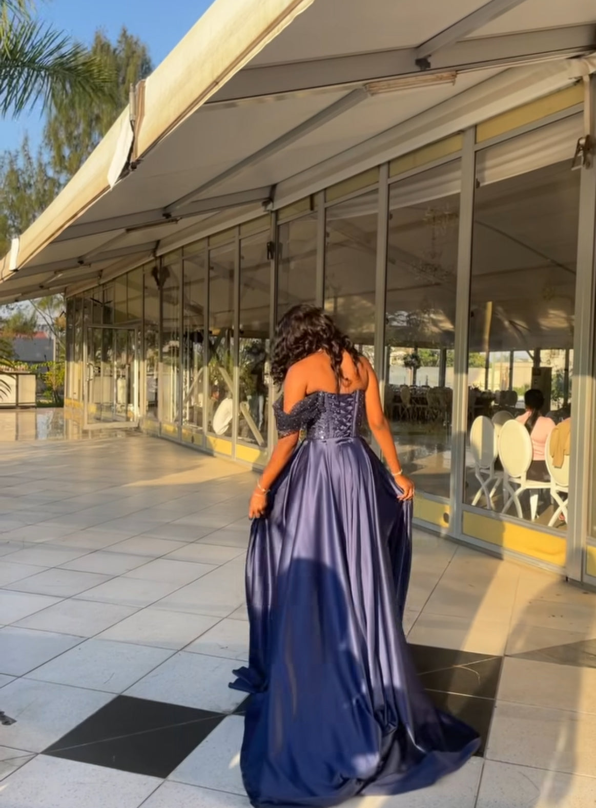 Off The Shoulder Navy Blue Satin Prom Dress Sequin Evening Dress J8992