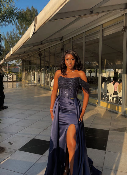 Off The Shoulder Navy Blue Satin Prom Dress Sequin Evening Dress J8992