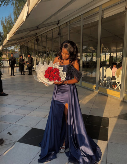 Off The Shoulder Navy Blue Satin Prom Dress Sequin Evening Dress J8992