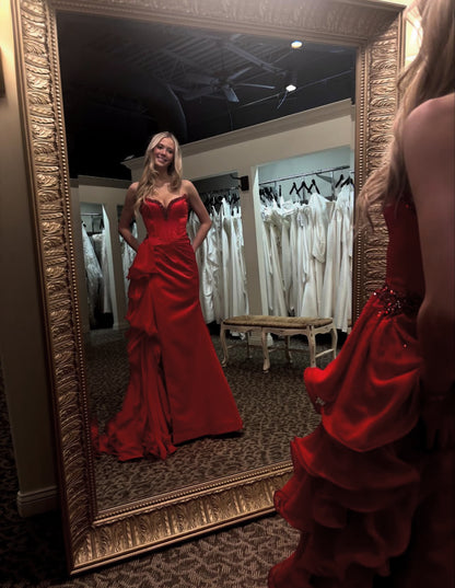 V Neck Red Prom Dress With Slit Ruffle Formal Evening Dress J8993