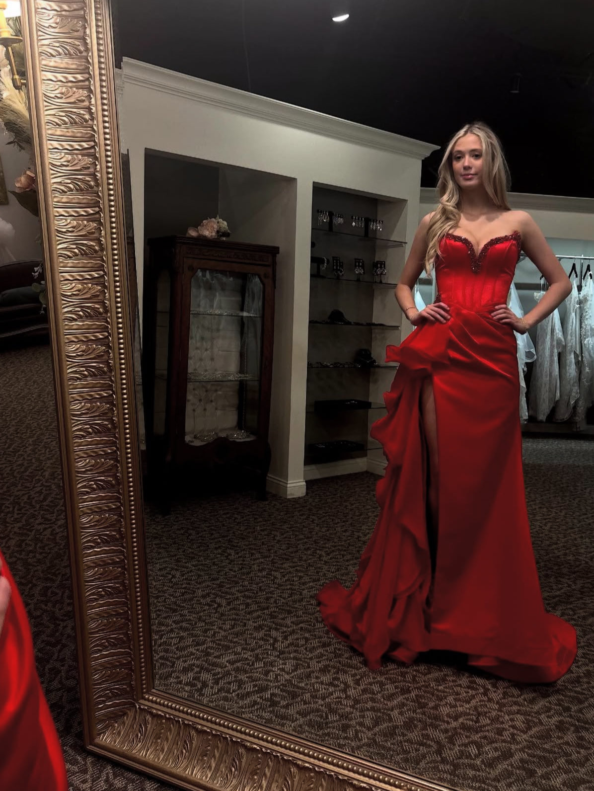 V Neck Red Prom Dress With Slit Ruffle Formal Evening Dress J8993