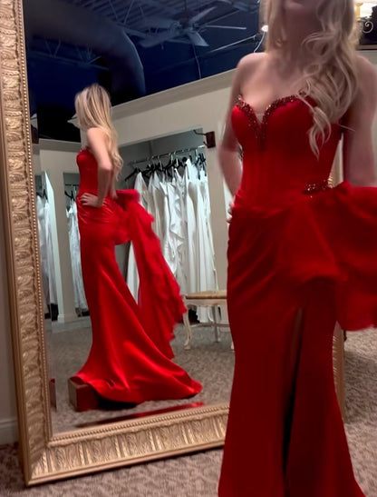 V Neck Red Prom Dress With Slit Ruffle Formal Evening Dress J8993