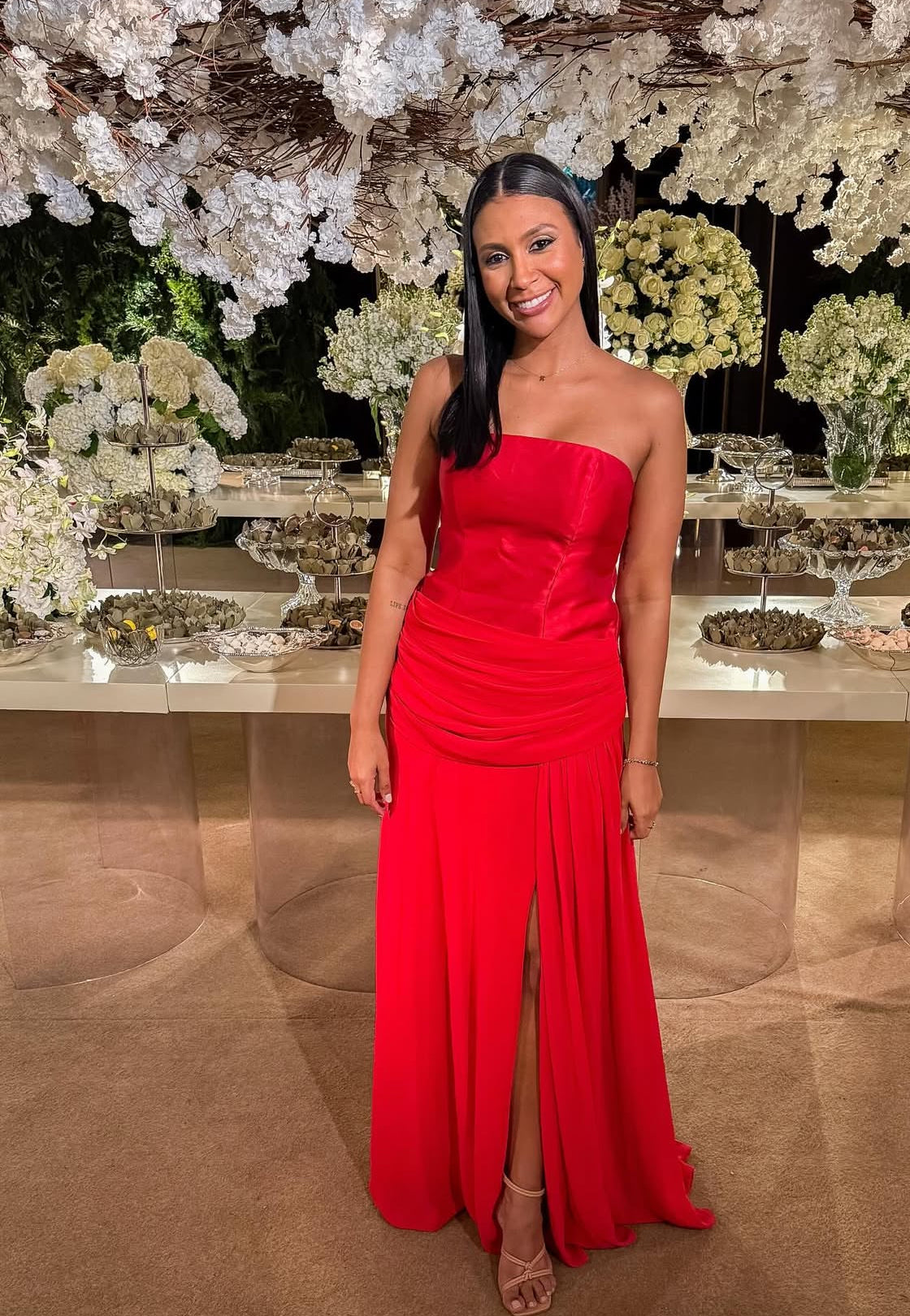 Strapless Red Satin Prom Dress Formal Wedding Guest Dress J8994