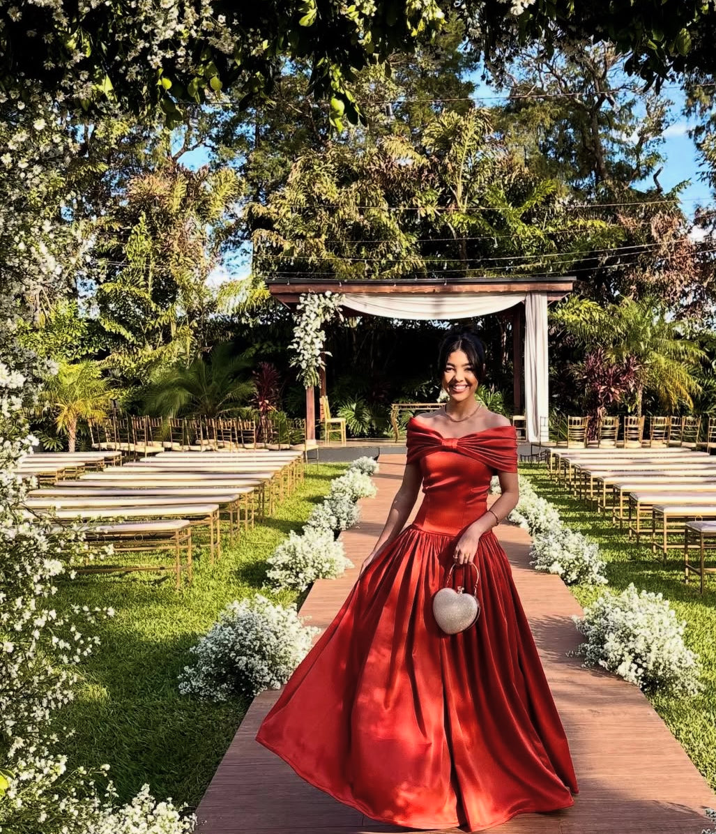 Off The Shoulder A Line Satin Evening Dress Wedding Guest Dress J8999