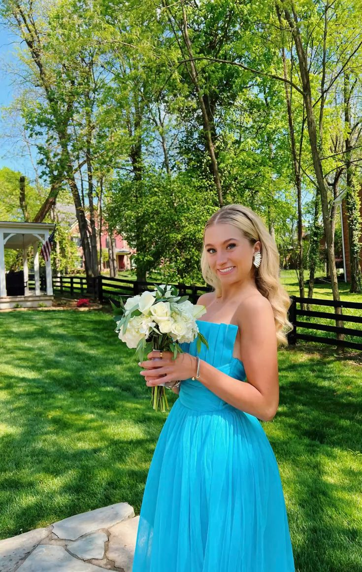 A Line Blue Tulle Prom Dress Formal Evening Party Dress J9002