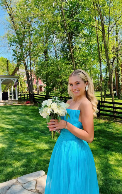 A Line Blue Tulle Prom Dress Formal Evening Party Dress J9002