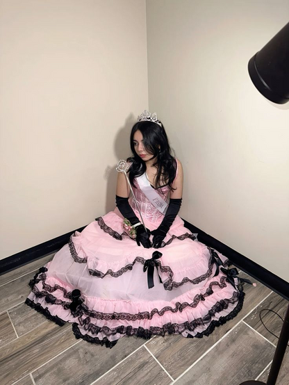 Sweetheart Pink Tulle Prom Dress With Black Lace Ruffle J9003