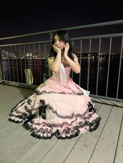 Sweetheart Pink Tulle Prom Dress With Black Lace Ruffle J9003