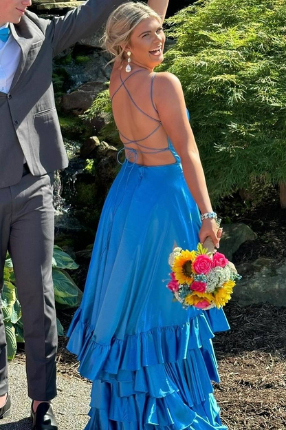 Blue Ruffle Long Prom Dress Satin Slit Evening Dress Formal Party Dress J9009