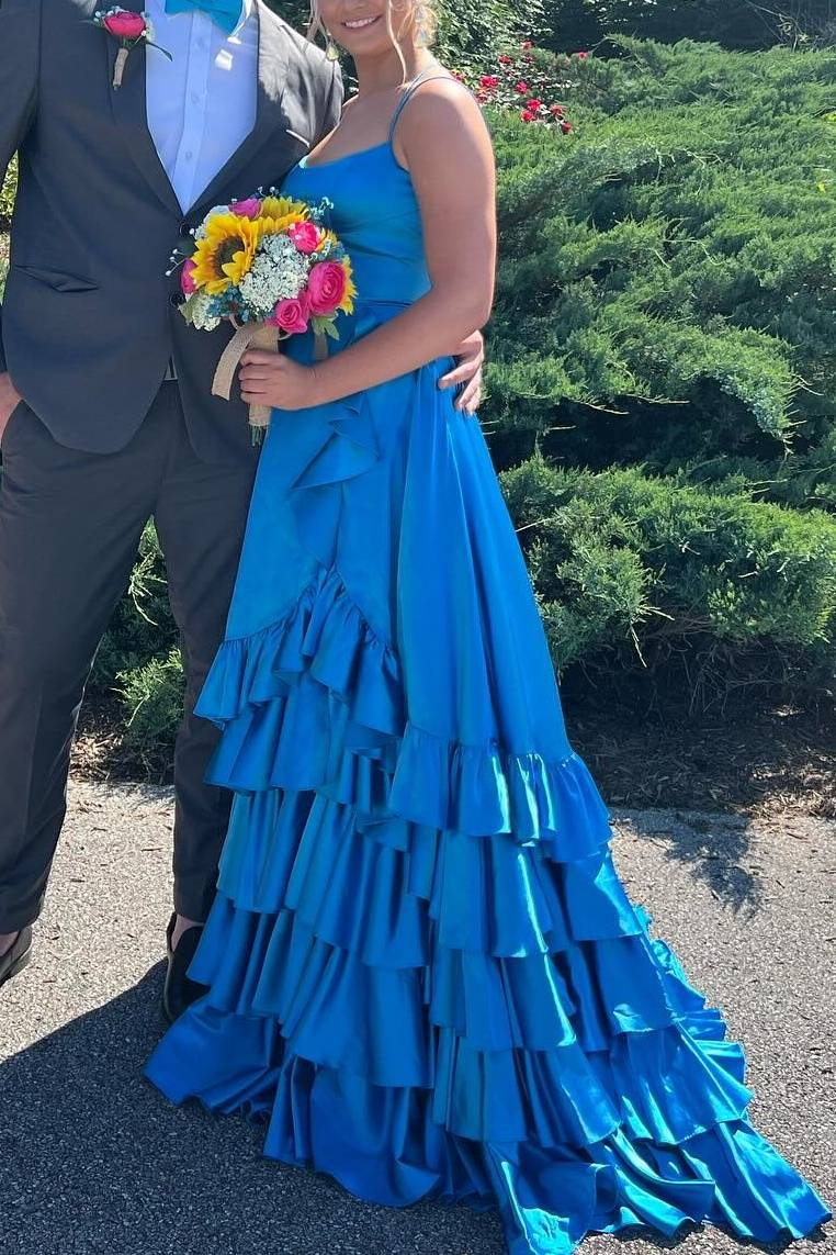 Blue Ruffle Long Prom Dress Satin Slit Evening Dress Formal Party Dress J9009