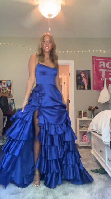 Blue Ruffle Long Prom Dress Satin Slit Evening Dress Formal Party Dress J9009