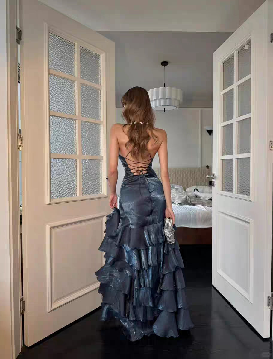 V Neck Navy Blue Long Prom Dresses Slit Formal Evening Dresses J9010