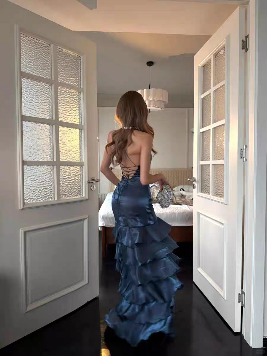 V Neck Navy Blue Long Prom Dresses Slit Formal Evening Dresses J9010