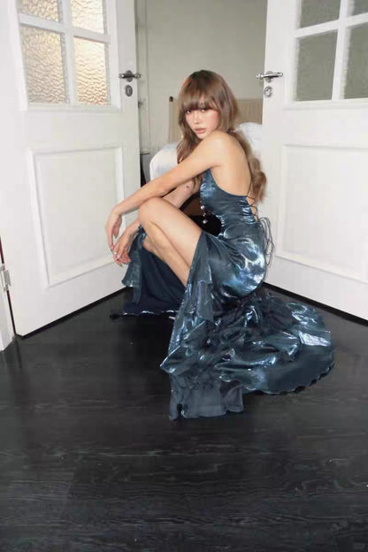 V Neck Navy Blue Long Prom Dresses Slit Formal Evening Dresses J9010