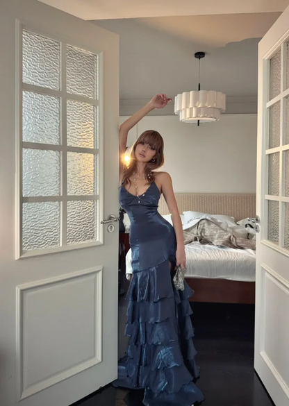 V Neck Navy Blue Long Prom Dresses Slit Formal Evening Dresses J9010