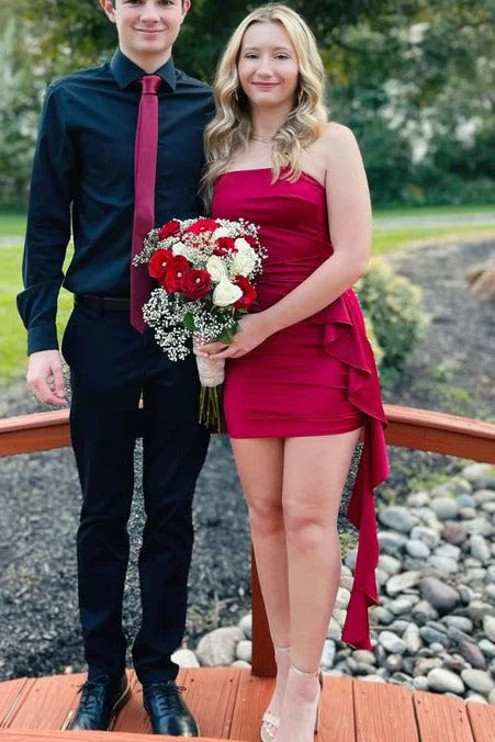 Strapless Sheath Red Short Prom Dresses Mini Homecoming Dress J9011